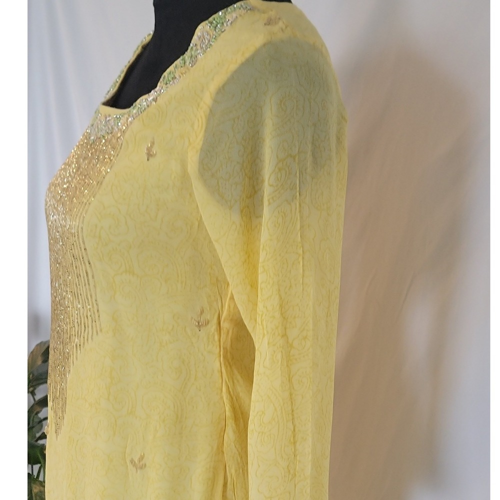 Jay Vardhan Yellow Embroidered Sequin Kurti Tunic Top Paisley Damask XL 42 - Picture 5 of 8